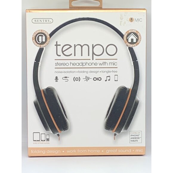 Sentry Tempo Stereo Headphones With Mic Noise-Isolation Folding Design Black - Picture 1 of 8